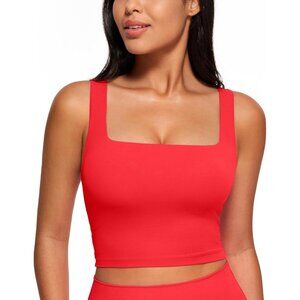 👑Women's Deep Red Sleeveless Pullover Square Neck Padded Sports Crop Tank Top